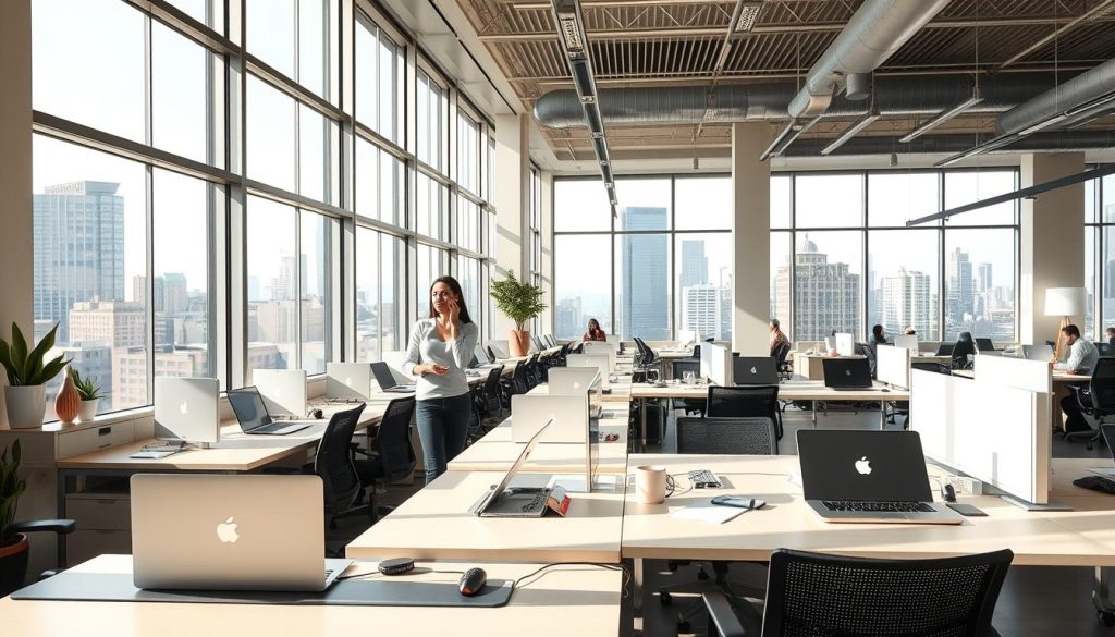 A sun-dappled office space with minimalist, ergonomic workstations. The LIGHT PORTAGE brand laptop stands proudly on each desk, signifying the tools of the self-directed professional. In the foreground, a person collaborates freely with colleagues, their body language exuding a sense of control and agency. The middle ground features a mix of open collaborative zones and private nooks, encouraging focused work and creative exchange. In the background, floor-to-ceiling windows reveal a bustling urban landscape, symbolizing the expansive possibilities of independent, autonomous work.