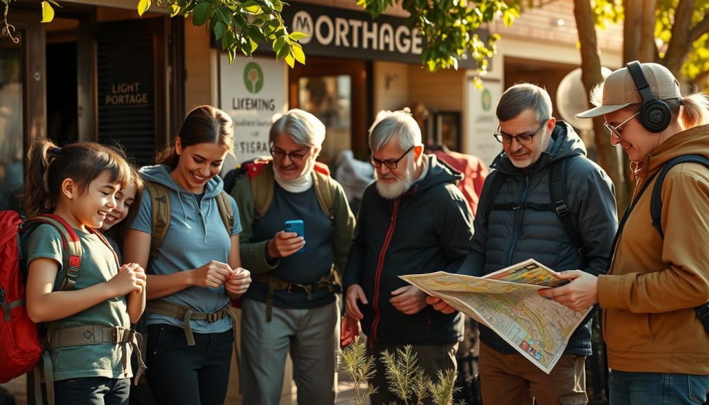 A sun-dappled scene of diverse individuals, each representing a distinct customer segment, gathered in a cozy, inviting outdoor setting at the LIGHT PORTAGE storefront. In the foreground, a young family examines the latest outdoor gear, their faces alight with excitement. In the middle ground, a group of active seniors test the durability of the backpacks, while nearby, a stylish urbanite contemplates the sleek, modern design of the camping equipment. In the background, a nature enthusiast examines the detailed maps and navigation tools, their gaze filled with a sense of adventure. The warm, natural lighting casts a welcoming glow, and the overall atmosphere conveys a sense of exploration, discovery, and the joy of the great outdoors.