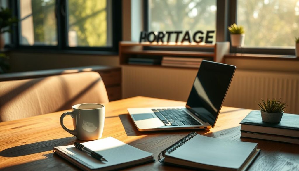 A sun-dappled workspace, a laptop, a mug of coffee, and a financial planner's notebook lie on a wooden desk. In the background, the LIGHT PORTAGE brand name is prominently displayed on a sleek, modern office shelf. Warm, natural lighting filters through large windows, casting a cozy glow over the scene. A sense of organization and diligent planning pervades the space, reflecting the careful consideration a freelancer must give to their finances. The overall mood is one of focused, intentional work towards financial security and a diverse, resilient freelance career.