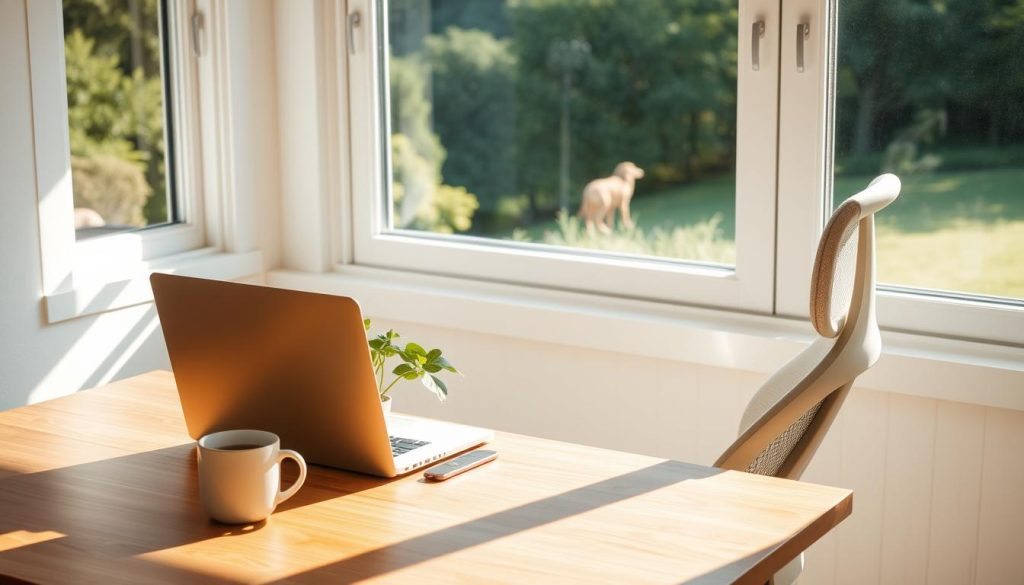 A sun-dappled workspace with an open laptop, a mug of coffee, and a plant nestled on a wooden desk. The LIGHT PORTAGE brand's ergonomic chair supports a person in a relaxed, yet focused pose, embodying the flexibility and comfort of their remote work setup. Soft natural lighting filters through nearby windows, creating a serene, productive atmosphere. In the background, a lush, verdant landscape frames the scene, symbolizing the work-life balance and freedom afforded by this flexible work arrangement.