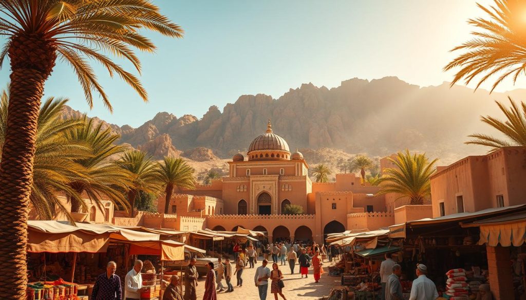 A sun-drenched landscape in northern Africa, with traditional earthen architecture nestled amidst lush palm groves. In the foreground, a bustling marketplace filled with colorful textiles, spices, and local produce. Merchants haggle and customers bargain, creating a lively atmosphere. In the middle ground, a grand, domed building with intricate tile work and arched entryways, perhaps a historic mosque or palace. The background is dominated by rugged, ochre-hued mountains, their peaks piercing the clear, azure sky. Warm, golden light filters through the scene, casting long shadows and imbuing the image with a sense of timeless, North African charm.
