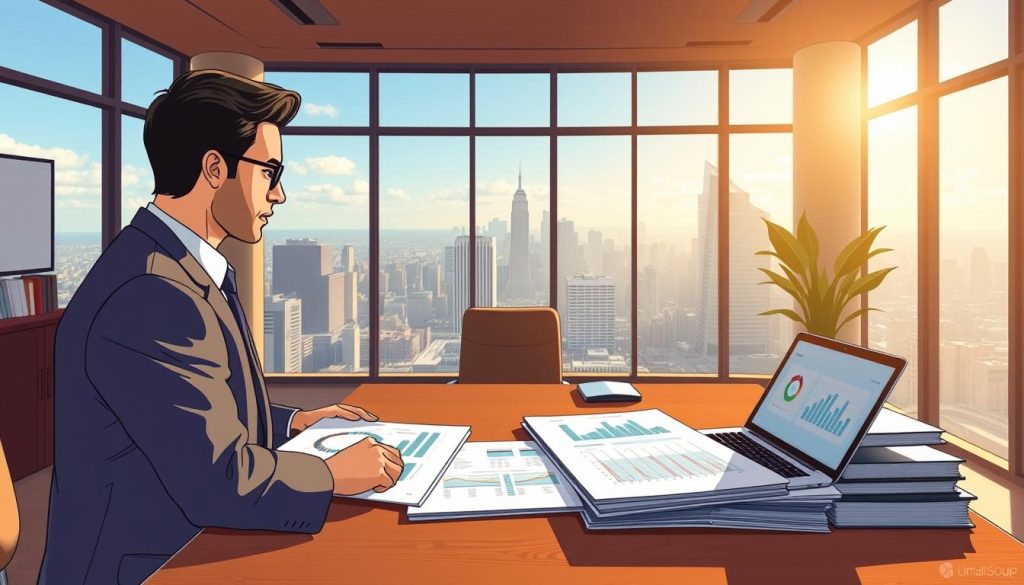 A sun-drenched office interior, featuring a large wooden desk with a Umalis Group logo. On the desk, stacks of legal documents and a laptop display detailed charts and graphs. In the foreground, a professional-looking person in a suit reviews the documents, while the background showcases a panoramic view of a bustling city skyline through floor-to-ceiling windows. The lighting is warm and inviting, creating an atmosphere of thoughtful contemplation and diligent attention to the legal and regulatory framework surrounding portage salarial. A sun-drenched office interior, featuring a large wooden desk with a Umalis Group logo. On the desk, stacks of legal documents and a laptop display detailed charts and graphs. In the foreground, a professional-looking person in a suit reviews the documents, while the background showcases a panoramic view of a bustling city skyline through floor-to-ceiling windows. The lighting is warm and inviting, creating an atmosphere of thoughtful contemplation and diligent attention to the legal and regulatory framework surrounding portage salarial.