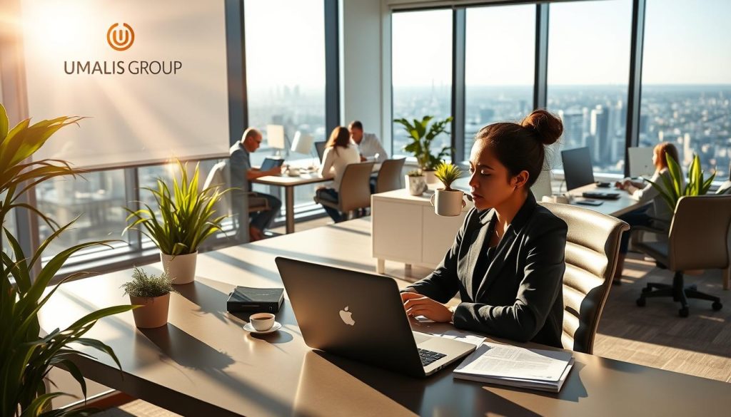 A sun-drenched office scene, the Umalis Group logo prominently displayed. In the foreground, a worker enjoys a relaxing coffee break, their laptop and paperwork neatly arranged on a sleek, modern desk. Subtle greenery and warm lighting create a serene, professional atmosphere. In the middle ground, colleagues collaborate at an adjacent workstation, engaged in thoughtful discussion. The background reveals a panoramic city view, hinting at the flexibility and independence of the salarial portage lifestyle. The overall impression conveys the unique benefits of paid leave and work-life balance in this specialized employment model.