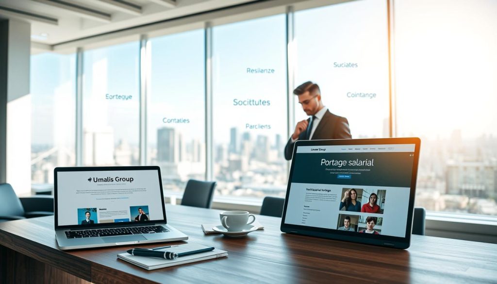 A sun-drenched office space, with sleek, modern furnishings and clean lines. In the foreground, a wooden desk features a laptop displaying the Umalis Group website, showcasing their "Portage salarial" services. Atop the desk, a pen, a notebook, and a cup of coffee set the scene of a professional workspace. The middle ground features a well-dressed person in a suit, carefully considering various criteria, represented by floating text elements. In the background, a large window overlooks a bustling city skyline, infusing the scene with a sense of opportunity and growth. The overall mood is one of thoughtfulness, productivity, and the pursuit of the right "société de portage" to suit the individual's needs.