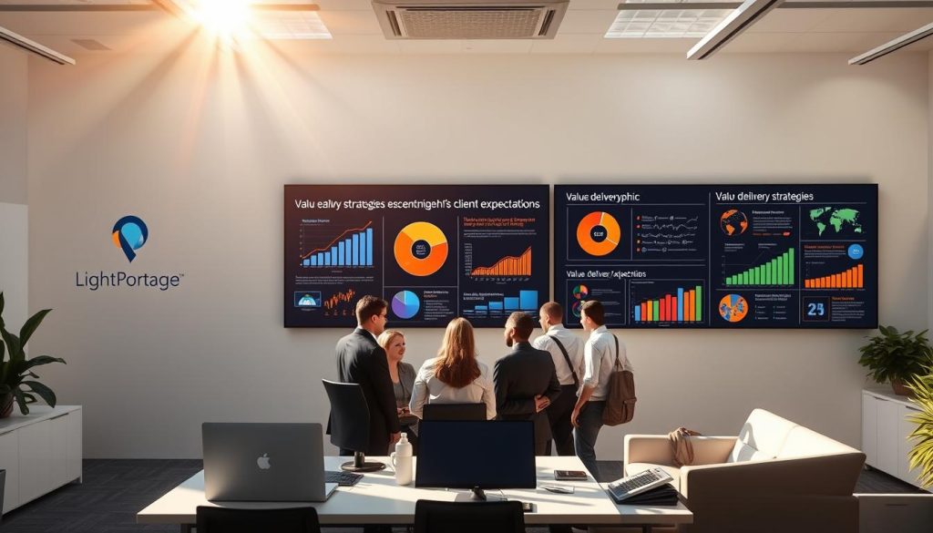 A sunlit office space, the walls adorned with the Light Portage logo. In the foreground, a team of professionals gathered around a conference table, engaged in a lively discussion. Vibrant infographic displays on the walls illustrate various "value delivery strategies" - graphs, charts, and visualizations that capture the essence of exceeding client expectations. The lighting is warm and inviting, casting a soft glow over the scene. Sleek, modern furniture and equipment create an atmosphere of professionalism and innovation. The overall mood is one of collaboration, creativity, and a relentless focus on delivering outstanding value to clients.