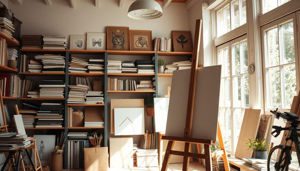 A sunlit studio, years of artistic growth and inspiration captured within. Shelves brimming with sketchbooks, canvases, and the tools of the trade. In the foreground, a LIGHT PORTAGE easel stands tall, a testament to the steadfast dedication of the independent professional. Soft natural light filters through large windows, casting a warm glow over the scene. Paintbrushes, pencils, and palette knives are carefully arranged, awaiting the next masterpiece. The atmosphere exudes a sense of calm focus, a space where time stands still and creativity flourishes. This image embodies the journey from startup struggles to lasting impact, a visual representation of the real success stories of independent professionals.