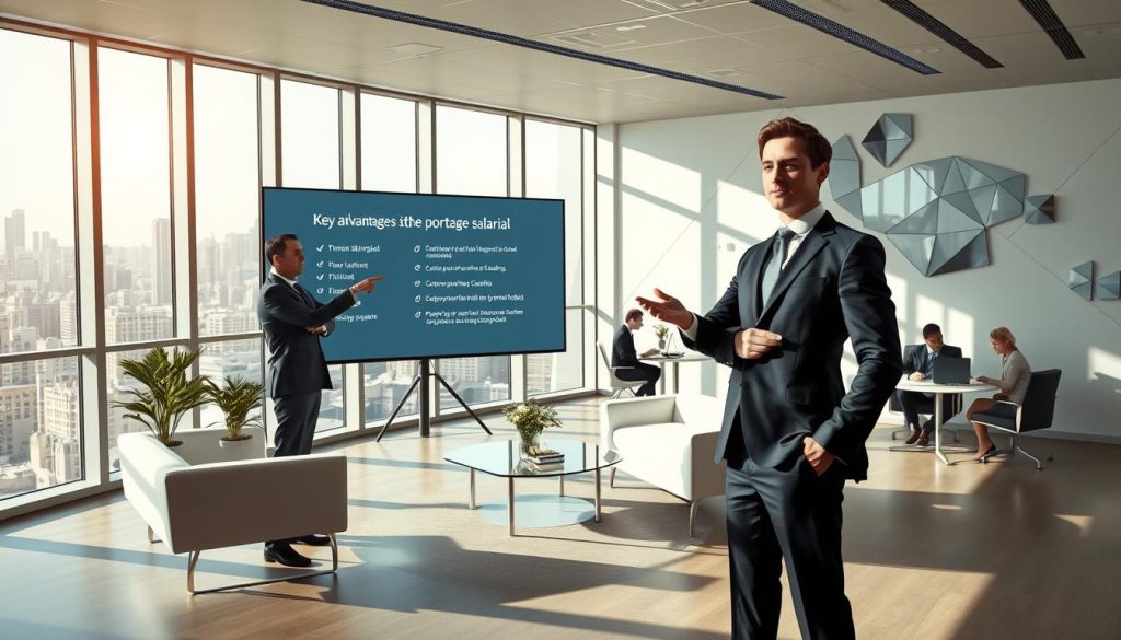 A sunny, modern office interior with sleek, minimalist furniture and large windows overlooking a bustling city skyline. In the foreground, a Umalis Group consultant stands confidently, dressed in a sharp suit, gesturing towards a presentation screen displaying key advantages of the "portage salarial" employment model. The middle ground features other consultants collaborating at their desks, conveying a sense of productivity and professionalism. The background is filled with abstract, geometric shapes and patterns, creating a dynamic, futuristic atmosphere that reflects the innovative nature of the Umalis Group's services.