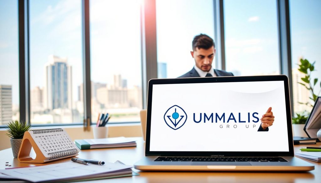 A sunny office space with an organized desk showcasing a calendar, laptop, and office supplies. In the foreground, a person in a business suit is reviewing paperwork, with a thoughtful expression on their face. The background features a large window with a view of a bustling city skyline, suggesting the importance of work-life balance and effective planning. The UMALIS GROUP logo is prominently displayed on the laptop screen, highlighting their expertise in salarial portage and paid leave management.