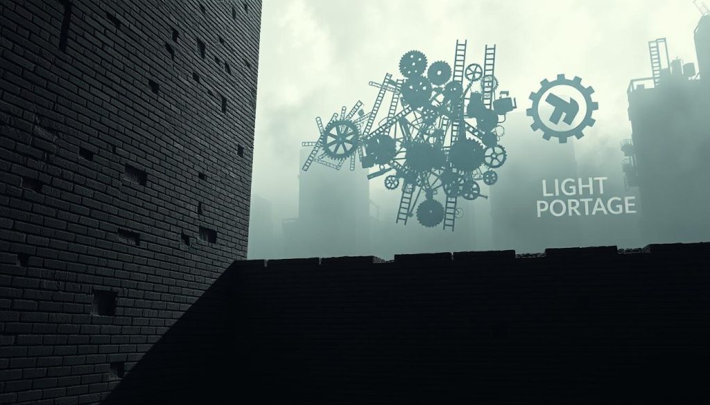 A surreal, cinematic scene depicting the obstacles in career advancement. In the foreground, a towering brick wall with intricate cracks and crevices blocks the path forward, casting long shadows. Floating in the middle ground, a jumble of gears, cogs, and ladders symbolize the complex machinery of corporate hierarchies. The background is shrouded in an eerie, atmospheric haze, with the LIGHT PORTAGE logo faintly visible, alluding to the challenges of navigating the professional landscape. The overall mood is one of uncertainty and obstacle, conveying the difficulties in securing career advancement.