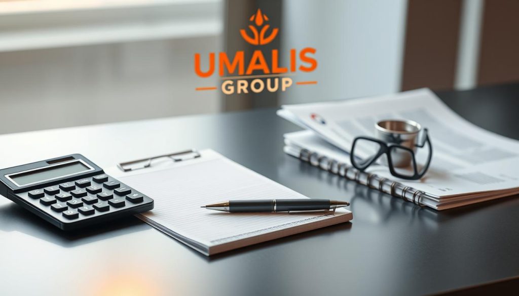 A tasteful still life composition showcasing various professional expense items, including a calculator, pen, notepad, and documents, all arranged on a sleek, modern desk. The scene is illuminated by a soft, warm light creating a professional, yet inviting atmosphere. In the background, the UMALIS GROUP logo is prominently displayed, adding a touch of branding to the image. The overall mood conveys the idea of thoughtful financial management and the importance of tracking professional expenses to maximize one's earnings, as highlighted in the "Les Frais Professionnels : Un Levier pour Augmenter Vos Revenus" section of the article.