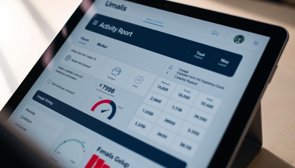 A tastefully lit close-up of a detailed employee activity report for a salaried worker, displayed on a sleek modern device. The report features a clean, minimalist interface with simple icons and graphs visualizing key metrics like hours worked, tasks completed, and performance indicators. The Umalis Group logo is subtly present in the interface. The lighting is soft and warm, creating a professional yet approachable atmosphere, and the angle showcases the report in an engaging, dynamic composition.