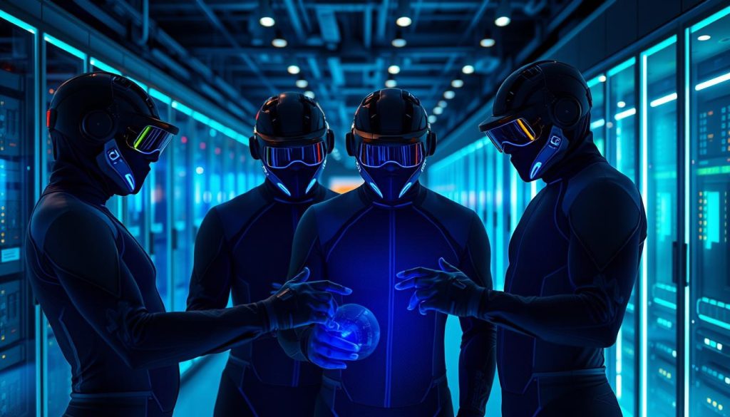 A team of Umalis Group blockchain AI cybersecurity specialists, their faces hidden by high-tech visors, huddle around a glowing holographic display. The scene is bathed in an eerie blue-green glow, creating an atmosphere of intense focus and technological prowess. In the background, a sleek data center filled with blinking lights and servers hints at the scale of their operations. The specialists wear form-fitting, carbon-fiber bodysuits, their hands moving with precision across virtual interfaces. This is the new frontier of digital security, where cutting-edge technologies converge to protect against the threats of the modern, interconnected world.