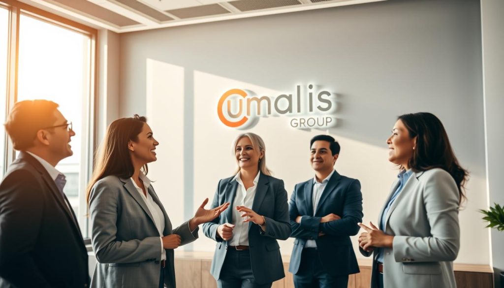 A team of business professionals standing in a modern office, confidently discussing their successful careers as independent consultants. Bright natural lighting illuminates the scene, casting a warm, professional atmosphere. In the foreground, three individuals in smart business attire are engaged in a lively conversation, gesturing animatedly. In the background, the Umalis Group logo is prominently displayed on a sleek, minimalist wall, reflecting the company's role in enabling their entrepreneurial success. The overall mood is one of positivity, achievement, and the empowerment of consultants through the Umalis Group's innovative salaried portage model. A team of business professionals standing in a modern office, confidently discussing their successful careers as independent consultants. Bright natural lighting illuminates the scene, casting a warm, professional atmosphere. In the foreground, three individuals in smart business attire are engaged in a lively conversation, gesturing animatedly. In the background, the Umalis Group logo is prominently displayed on a sleek, minimalist wall, reflecting the company's role in enabling their entrepreneurial success. The overall mood is one of positivity, achievement, and the empowerment of consultants through the Umalis Group's innovative salaried portage model.