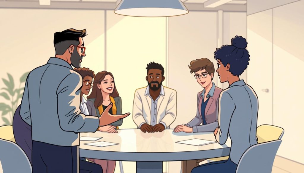 A team of diverse professionals gathered around a circular table, engaged in a thoughtful discussion. Soft, natural lighting casts a warm, collaborative atmosphere. In the foreground, a leader stands, hands outstretched, conveying a sense of shared purpose and strategic alignment. The middle ground features team members leaning in, faces animated, exchanging ideas. In the background, a minimalist, modern office setting with clean lines and neutral tones, creating a focused, professional ambiance. The overall scene evokes a sense of clarity, unity, and a shared commitment to achieving organizational goals.