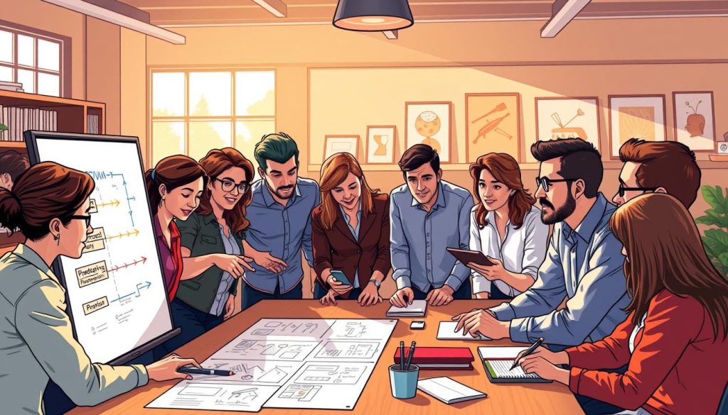 A team of diverse professionals gathered around a table, engaged in lively discussions and strategizing. The scene is illuminated by warm, natural lighting filtering in from large windows, casting a focused, deliberate atmosphere. In the foreground, colleagues point at a digital whiteboard, sketching out workflow diagrams and project milestones. In the middle ground, team members take notes and exchange ideas, their expressions thoughtful yet collaborative. The background features shelves of reference materials and inspirational artwork, hinting at a culture of innovation and continuous learning. The overall mood is one of productive synergy, where a well-structured yet flexible approach to team management empowers individuals to contribute meaningfully towards shared goals.