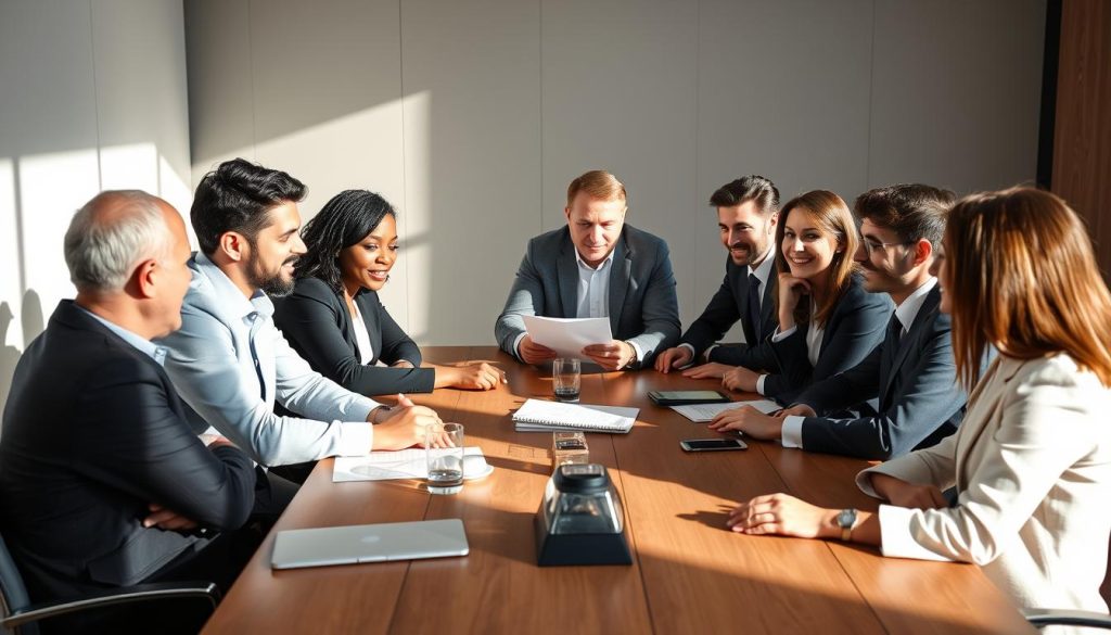 A team of diverse professionals in business attire, seated around a conference table, engaged in a collaborative discussion about the intricacies of the UMALIS GROUP's salaried portage system. The scene is illuminated by natural light, casting a warm, professional atmosphere. The participants' expressions convey a sense of understanding and focus as they navigate the complexities of this unique employment model. The table is adorned with minimal, clean-lined decor, emphasizing the pragmatic nature of the subject matter. An air of confidence and expertise permeates the environment, reflecting the UMALIS GROUP's expertise in providing comprehensive salaried portage solutions.