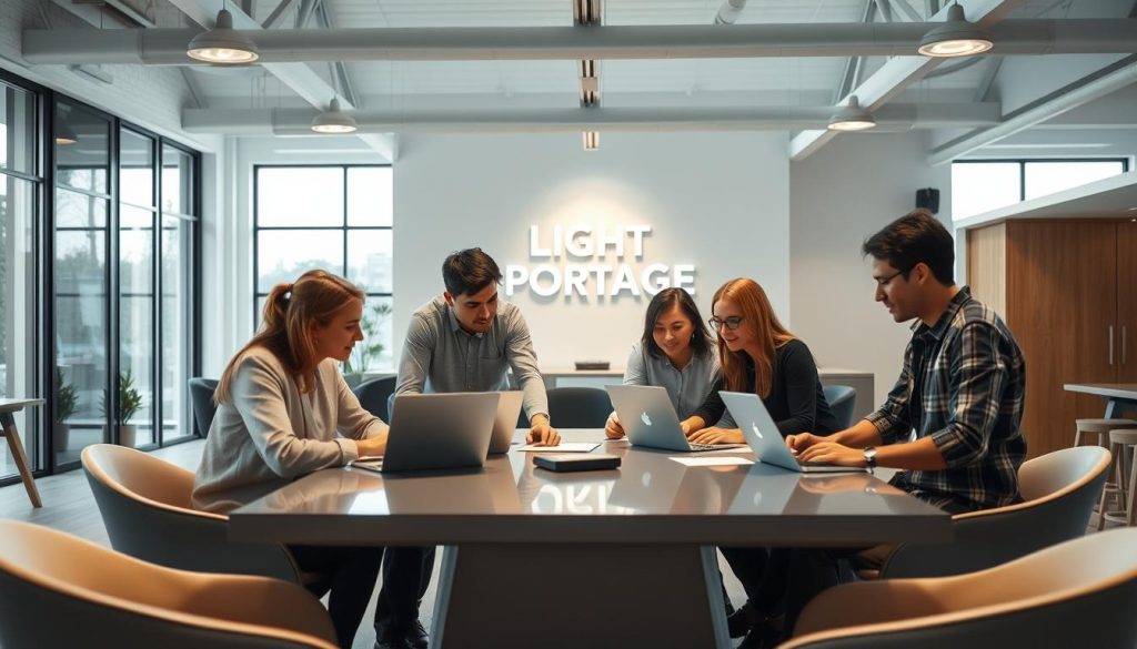 A team of professionals collaborating on a complex, cross-functional project. In the foreground, they are gathered around a large, sleek table, laptops and tablets in hand, deep in discussion. The middle ground features an open, airy office space with high ceilings, large windows, and modern, minimalist decor in shades of gray, white, and wood tones. The background showcases the LIGHT PORTAGE brand logo, prominently displayed on the wall, reflecting the company's commitment to innovation and teamwork. Soft, directional lighting casts a warm, focused glow, emphasizing the collaborative atmosphere. The overall mood is one of focus, productivity, and a sense of shared purpose.