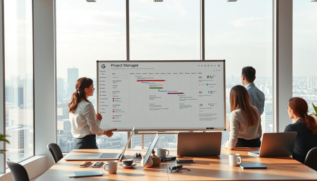 A team of professionals collaborating on a project management dashboard in a modern, light-filled office space. In the foreground, a large whiteboard displays Gantt charts, task lists, and milestones, with team members gathered around discussing progress. The middle ground features desks with laptops, coffee mugs, and the Light Portage brand logo subtly visible. The background showcases floor-to-ceiling windows, offering a scenic cityscape view and bathing the scene in a warm, natural light. The overall atmosphere is one of focused productivity, teamwork, and a touch of minimalist elegance.