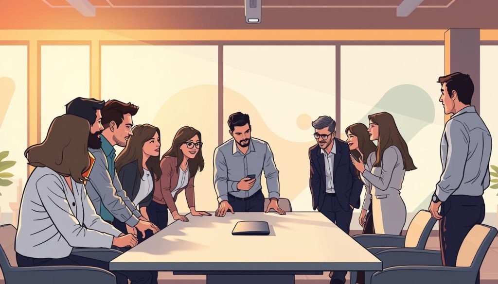 A team of professionals gathered around a table, collaborating on a project for the Umalis Group. In the foreground, they lean in, engaged in discussion, their expressions focused and thoughtful. Warm, natural lighting filters through large windows, casting a soft glow over the scene. The middle ground features a sleek, modern conference table, its clean lines and minimal design complementing the team's dynamic energy. In the background, abstract shapes and patterns hint at the brand's visual identity, creating a sense of unity and cohesion. The overall atmosphere is one of productive alignment, where creativity and problem-solving thrive.