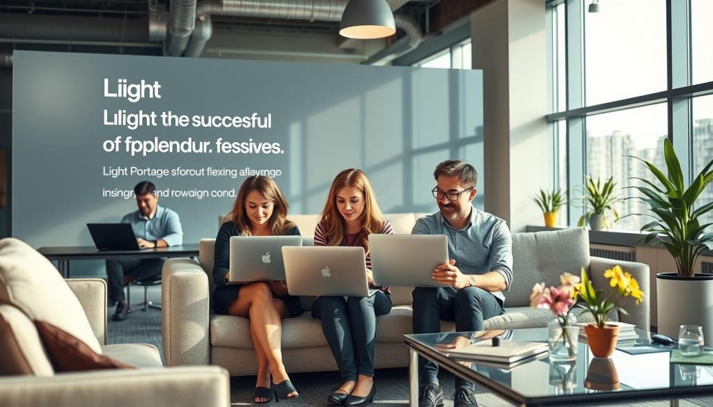 A team of successful independent professionals working together in a coworking space, highlighted by the "Light Portage" brand. The scene depicts a modern office setting with large windows, sleek furniture, and a vibrant, collaborative atmosphere. The employees are engrossed in their laptops, brainstorming and exchanging ideas. Soft, natural lighting filters through the space, creating a warm and productive ambiance. In the background, a display showcases the success stories of "Light Portage" clients, inspiring others to embrace the flexible and rewarding work model.