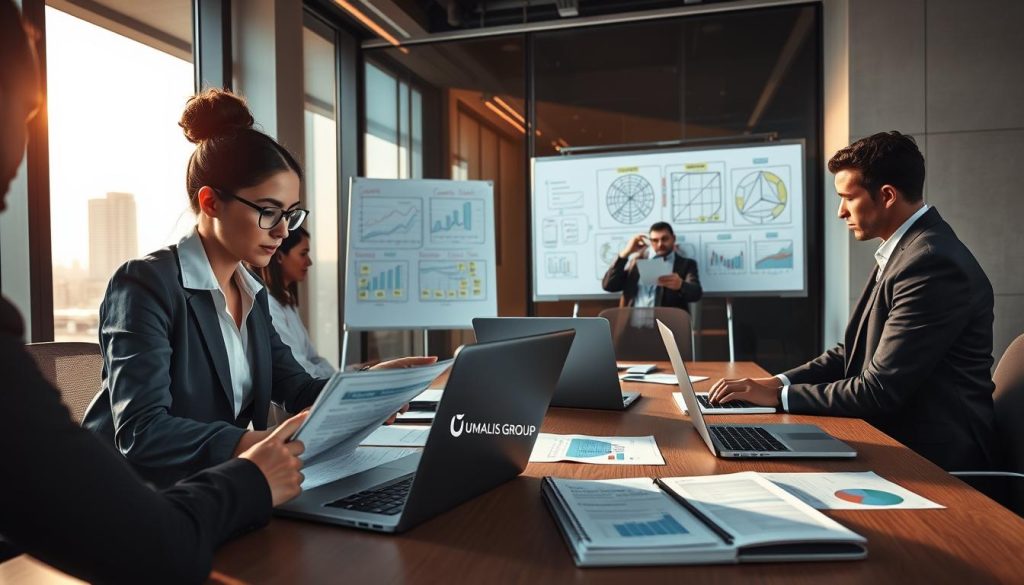 A tech-savvy office setting showcasing a diverse group of professionals in business attire, intensely collaborating around a large table filled with laptops, charts, and data reports. In the foreground, a focused woman analyzes data on a laptop screen, while a man beside her reviews printed graphs. The middle ground features sticky notes and diagrams on a whiteboard illustrating key points about data quality diagnostics. The background shows a sleek window with a cityscape, bathed in warm, natural light suggesting a late afternoon atmosphere. Soft shadows enhance the depth of the scene, conveying a mood of critical thinking and innovation. The logo "UMALIS GROUP" is subtly incorporated into a notebook on the table, emphasizing the importance of data quality assessment in AI missions. A tech-savvy office setting showcasing a diverse group of professionals in business attire, intensely collaborating around a large table filled with laptops, charts, and data reports. In the foreground, a focused woman analyzes data on a laptop screen, while a man beside her reviews printed graphs. The middle ground features sticky notes and diagrams on a whiteboard illustrating key points about data quality diagnostics. The background shows a sleek window with a cityscape, bathed in warm, natural light suggesting a late afternoon atmosphere. Soft shadows enhance the depth of the scene, conveying a mood of critical thinking and innovation. The logo "UMALIS GROUP" is subtly incorporated into a notebook on the table, emphasizing the importance of data quality assessment in AI missions.
