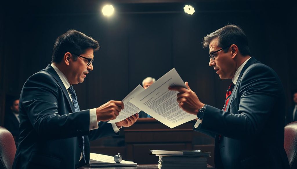 A tense courtroom scene with two lawyers in formal attire passionately arguing over legal documents, a solemn-faced judge presiding over the proceedings, and a worried-looking business executive in the background. The lighting is dramatic, with harsh shadows and a spotlight-like focus on the confrontation at the center. The atmosphere is one of high-stakes legal tension, underscoring the potential pitfalls and disputes that can arise in the world of professional portage salarial.