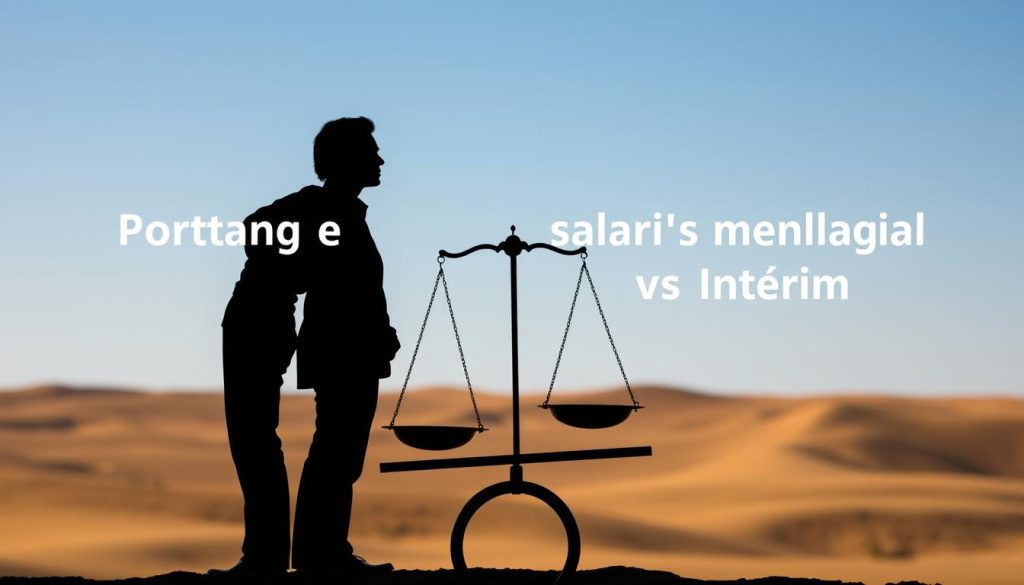 A thought-provoking composition showcasing the advantages and disadvantages of two contrasting employment options. In the foreground, a pair of silhouetted figures stand back-to-back, one representing the flexibility and independence of temporary staffing, the other the stability and security of an Umalis Group employment contract. The middle ground features a balance scale, its weights tipping back and forth, symbolizing the trade-offs to be considered. The background offers a minimalist landscape, bathed in warm, natural lighting, creating a contemplative atmosphere. This visually striking image invites the viewer to ponder the nuances of "Portage Salarial vs Intérim" and the unique needs of each professional profile.