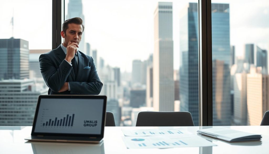 A thoughtful French cadre, dressed in professional business attire, stands contemplatively at a sleek modern office desk, surrounded by financial documents and budget reports. In the foreground, a laptop displays graphs and budget forecasts, while a large window in the background reveals a bustling American city skyline, symbolizing the financial choices impacting both nations. Soft, natural light filters through the glass, casting a warm glow over the scene, emphasizing the serious yet hopeful atmosphere. A subtle hint of the UMALIS GROUP logo is visible on a document, reinforcing the connection to workforce management. The overall mood is one of strategic planning and reflection, encapsulating the complexities of budgetary decisions ahead for 2027.