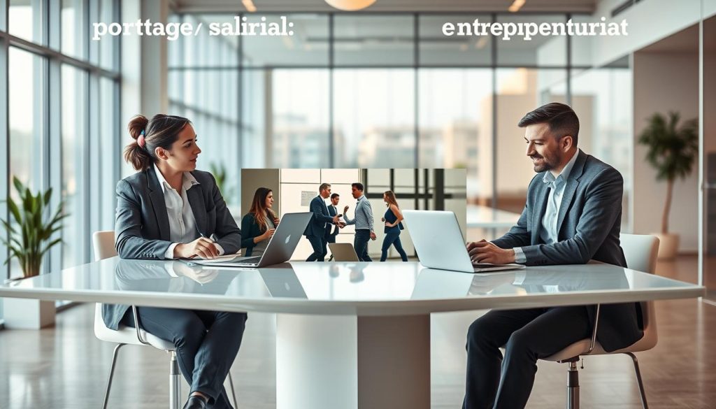 A thoughtful and detailed comparison scene illustrating "portage salarial" and "entrepreneuriat." In the foreground, two business professionals in professional attire sit at a sleek modern table, discussing graphs and notes on laptops, symbolizing collaboration and planning. The middle ground features a dynamic split scene, with one side showing a person confidently leading a team as an entrepreneur, and the other depicting a satisfied freelancer connected to UMALIS GROUP, enjoying security and support. The background presents a bright, modern office environment with large windows letting in natural light, creating a sense of optimism and opportunity. The overall mood conveys professionalism and balance, with warm lighting lending an inviting feel to the workspace, emphasizing stability and growth.