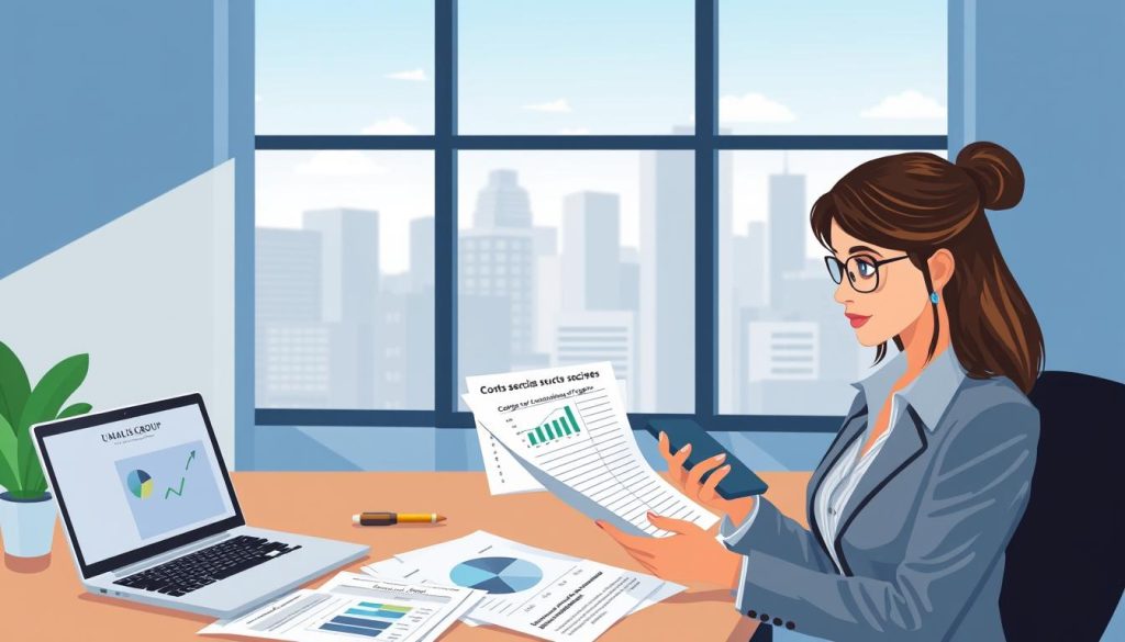 A thoughtful and informative illustration representing "charges sociales" in a professional setting. In the foreground, a well-dressed businesswoman holding a calculator and reviewing financial documents, showcasing an analytical expression, emphasizing her focus on calculating social charges. In the middle ground, a modern office desk with spreadsheets and an open laptop displaying graphs related to costs and constraints of wages, symbolizing financial responsibility. In the background, a large window with cityscape views, casting soft natural light into the room, creating a calm and serious atmosphere. The color palette should reflect professionalism with blues and neutrals. Include subtle branding elements of "UMALIS GROUP" in products like a pen or a notebook on the desk, enhancing the visual narrative without being overpowering. A thoughtful and informative illustration representing "charges sociales" in a professional setting. In the foreground, a well-dressed businesswoman holding a calculator and reviewing financial documents, showcasing an analytical expression, emphasizing her focus on calculating social charges. In the middle ground, a modern office desk with spreadsheets and an open laptop displaying graphs related to costs and constraints of wages, symbolizing financial responsibility. In the background, a large window with cityscape views, casting soft natural light into the room, creating a calm and serious atmosphere. The color palette should reflect professionalism with blues and neutrals. Include subtle branding elements of "UMALIS GROUP" in products like a pen or a notebook on the desk, enhancing the visual narrative without being overpowering.