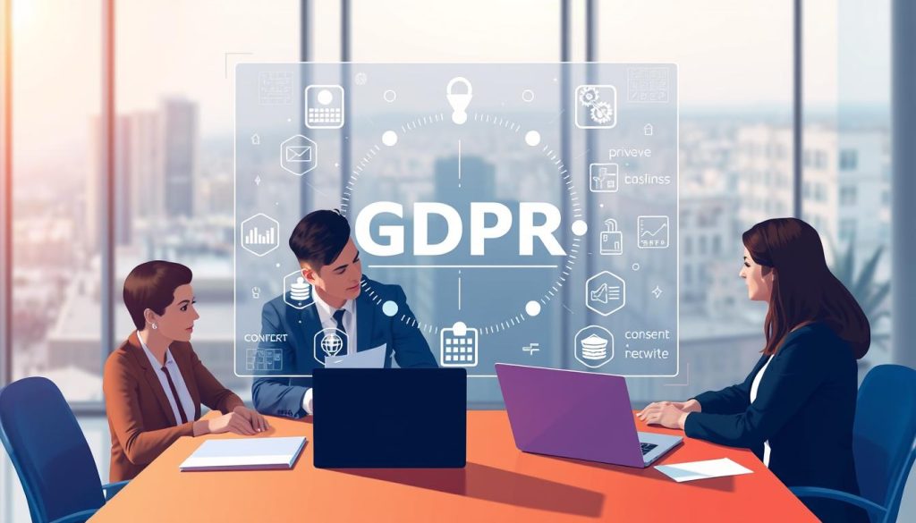 A thoughtful and professional illustration representing the principles and requirements of the General Data Protection Regulation (GDPR). In the foreground, feature a diverse group of three individuals, one man and two women, dressed in business attire, engaging in a discussion around a table filled with laptops and documents. The middle ground showcases a large, transparent digital screen displaying key GDPR icons and concepts like data security, privacy, and consent. The background includes a modern office setting with glass walls, a view of a cityscape, and soft, warm lighting filtering through. The overall atmosphere is focused and collaborative, conveying the importance of data protection and compliance in a professional context.