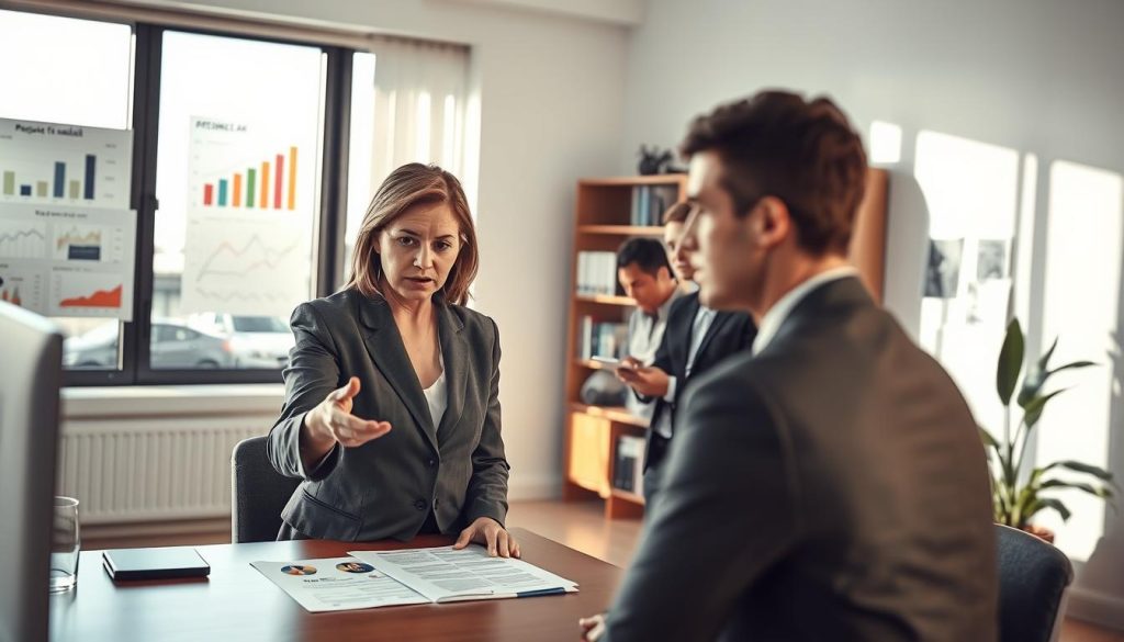 A thoughtful and professional office setting depicting a diverse group of individuals engaged in a discussion about "risques portage salarial." In the foreground, a middle-aged woman in a smart business suit gestures towards a report on a table, symbolizing caution and awareness. Beside her, a young man in professional attire takes notes, looking concerned yet engaged. In the middle ground, a large window allows soft natural light to flood the space, highlighting charts and graphs on the walls illustrating financial risks. In the background, a bookshelf filled with business books and a potted plant adds warmth to the atmosphere. The overall mood should be one of seriousness and collaboration, emphasizing the importance of understanding the dynamics of portage salarial. Use a slightly high-angle view to capture the entire scene clearly. A thoughtful and professional office setting depicting a diverse group of individuals engaged in a discussion about "risques portage salarial." In the foreground, a middle-aged woman in a smart business suit gestures towards a report on a table, symbolizing caution and awareness. Beside her, a young man in professional attire takes notes, looking concerned yet engaged. In the middle ground, a large window allows soft natural light to flood the space, highlighting charts and graphs on the walls illustrating financial risks. In the background, a bookshelf filled with business books and a potted plant adds warmth to the atmosphere. The overall mood should be one of seriousness and collaboration, emphasizing the importance of understanding the dynamics of portage salarial. Use a slightly high-angle view to capture the entire scene clearly.