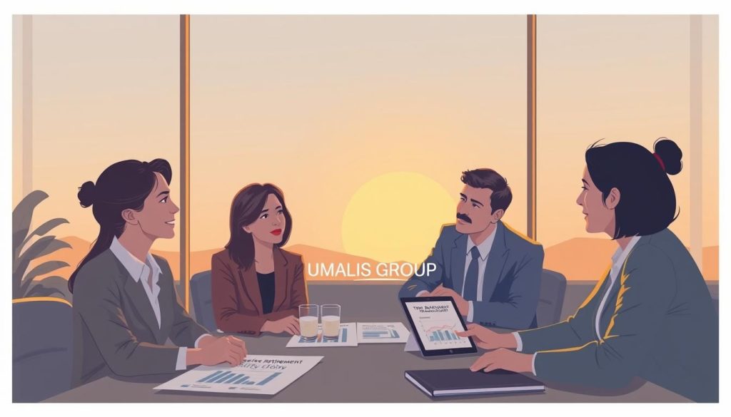A thoughtful and serene illustration of a "Transition to Retirement" concept, showcasing a professional setting. In the foreground, a diverse group of individuals in professional business attire are discussing plans around a desk, with relaxed yet focused expressions. The middle ground features documents and digital devices displaying charts and graphs about progressive retirement and salary-portage options. In the background, a large window reveals a soft, golden sunset, symbolizing new beginnings and opportunities. The lighting is warm and inviting, casting gentle shadows. The overall mood is hopeful and reflective, capturing the essence of planning for a successful transition. Include the brand name "UMALIS GROUP" subtly integrated into the workspace surrounding the discussion.