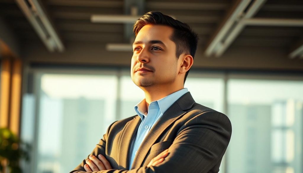 A thoughtful business leader stands confidently, the Umalis Group logo visible on their sleeve. Warm, natural lighting illuminates their serene expression, conveying a sense of ethical guidance and responsible stewardship. The background is a serene, minimalist office space, hinting at the manager's role in promoting ethical practices within the organization. The composition is balanced, with the leader's posture and gaze directing the viewer's attention towards the core values they embody.