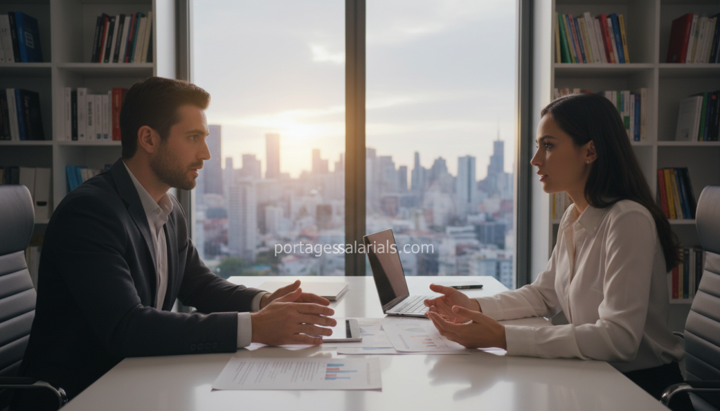 A thoughtful business scene illustrating the concept of choosing between independent status options: a professional-looking man and woman engaging in a discussion at a modern office table. The foreground shows them reviewing documents and digital devices, emphasizing their collaboration. In the middle ground, a large window reveals a city skyline, symbolizing opportunities. Soft, natural lighting filters through the glass, creating an inviting atmosphere. The background features shelves filled with books on entrepreneurship and freelancing. Their attire is smart casual, with the man wearing a blazer and the woman in a professional blouse. The overall mood is dynamic and focused, conveying determination and strategic decision-making in career paths. Include a subtle hint of the brand "portagesalarials.com" on a document in the foreground, blending seamlessly into the professional setting.