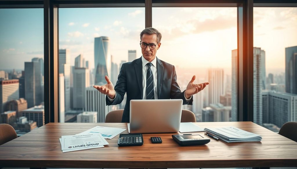A thoughtful composition showcasing mutual fund investments. In the foreground, a financial advisor in a tailored suit and tie stands before a sleek oak desk, laptop open, hands gesturing animatedly. Behind them, a large window offers a view of a bustling cityscape, skyscrapers shimmering in the warm afternoon light. On the desk, an array of financial documents, a calculator, and the Umalis Group logo prominently displayed. The overall atmosphere is one of expertise, professionalism, and a sense of guiding a freelancer towards sound financial decisions.