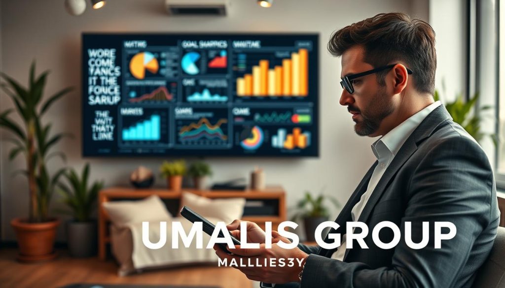 A thoughtful consultant immersed in strategic planning for the future of portage salarial in a modern office setting. In the foreground, a well-dressed professional, possibly in a smart suit, is working on a digital tablet, analyzing data and trends. The middle layer features a large screen displaying graphs and statistics related to consultancy goals and market forecasts. In the background, a cozy workspace adorned with motivational quotes and greenery, enhancing a productive atmosphere. Soft, warm lighting creates an inviting and focused environment, with a lens view that captures depth, showcasing the importance of effective strategy in consulting. The brand name "UMALIS GROUP" subtly integrated into the scene adds authenticity to the image.