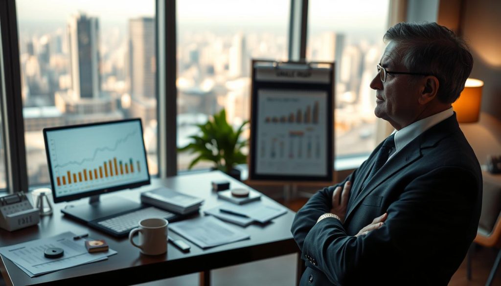 A thoughtful depiction of a freelance professional contemplating their financial future, standing in a stylish modern home office. In the foreground, a middle-aged person in professional business attire, looking intently at a laptop screen filled with graphs and charts representing fluctuating income streams. The middle ground features a desk cluttered with financial documents and a calendar, emphasizing the challenges of irregular retirement contributions. In the background, a large window offers a view of a busy cityscape, symbolizing the freelance lifestyle. The lighting is soft and warm, creating an inviting yet contemplative atmosphere, focusing on the importance of financial planning. The subtle branding of "UMALIS GROUP" can be integrated into the scene, perhaps on a coffee mug or notebook. A thoughtful depiction of a freelance professional contemplating their financial future, standing in a stylish modern home office. In the foreground, a middle-aged person in professional business attire, looking intently at a laptop screen filled with graphs and charts representing fluctuating income streams. The middle ground features a desk cluttered with financial documents and a calendar, emphasizing the challenges of irregular retirement contributions. In the background, a large window offers a view of a busy cityscape, symbolizing the freelance lifestyle. The lighting is soft and warm, creating an inviting yet contemplative atmosphere, focusing on the importance of financial planning. The subtle branding of "UMALIS GROUP" can be integrated into the scene, perhaps on a coffee mug or notebook.