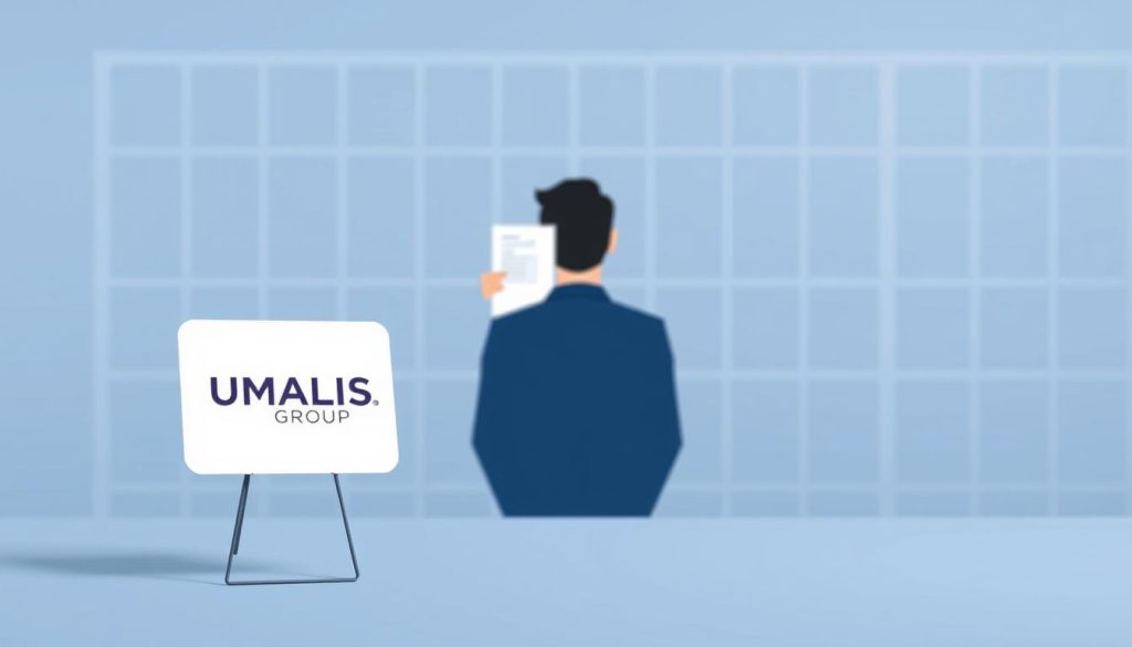 A thoughtful illustration of unemployment benefits for salaried employees, captured in a minimalist, modern style. In the foreground, a UMALIS GROUP logo stands prominently, representing the company's role in guiding workers through employment transitions. The middle ground depicts a salaried worker, their face obscured, receiving a document symbolizing their unemployment coverage. The background features a subtle grid pattern, evoking a sense of structure and organization within the social safety net. Muted tones of blue and gray convey a sense of stability and reliability. Crisp, even lighting and a slightly elevated camera angle lend an air of authority and professionalism to the scene.