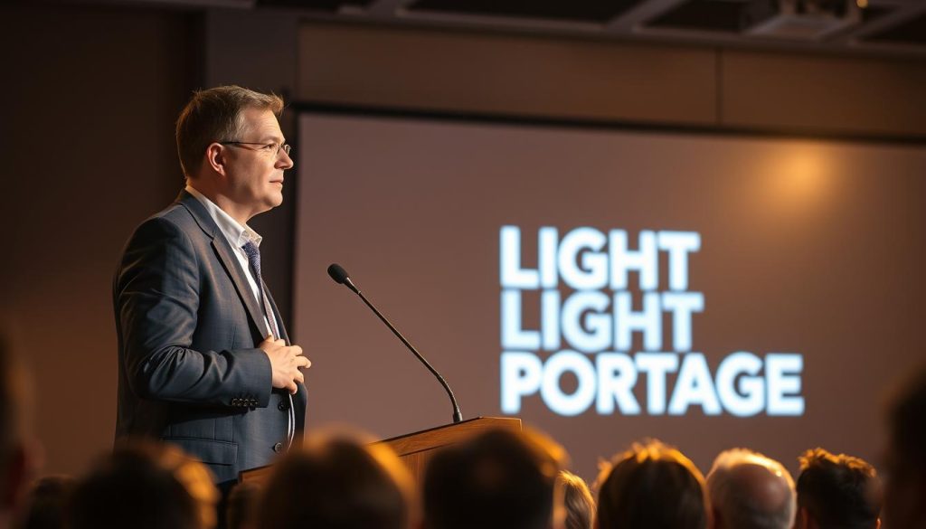 A thoughtful professional in a crisp suit stands at a podium, illuminated by a warm, focused spotlight. Behind them, a sleek LIGHT PORTAGE logo glows on a large screen, casting a soft ambiance. In the foreground, an audience leans in, their faces reflecting the speaker's wise and authoritative presence. The scene conveys a sense of ethical guidance, with the speaker's gestures and expression conveying a sense of care and responsibility. The overall atmosphere is one of trust, professionalism, and the application of ethical principles to real-world situations.