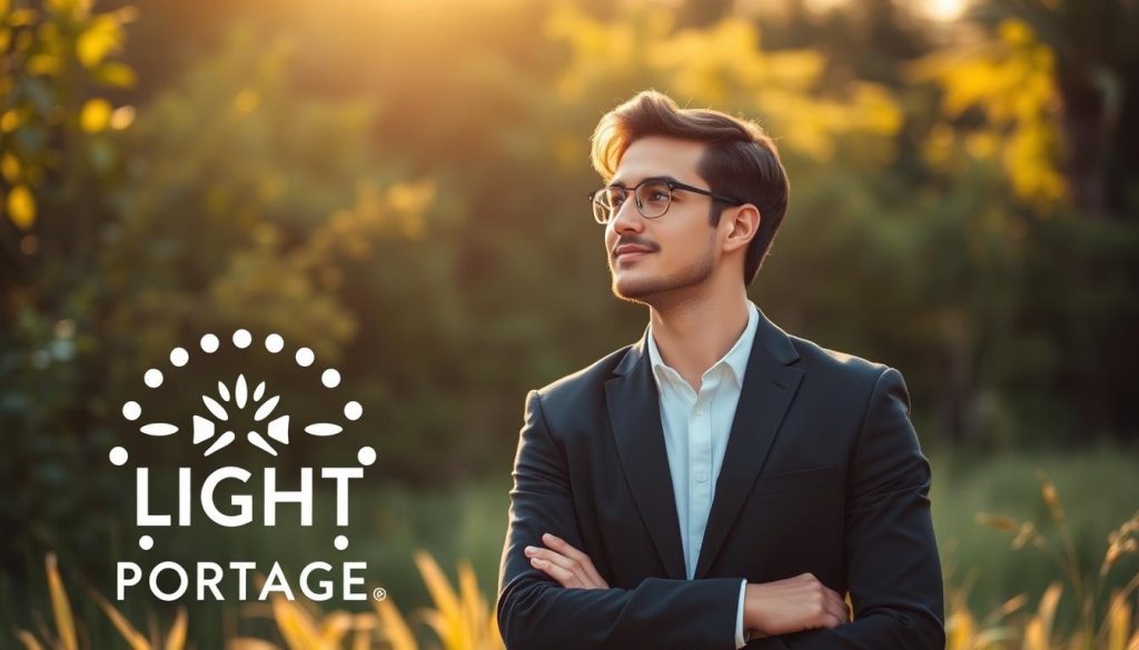 A thoughtful professional standing in a serene natural setting, surrounded by the LIGHT PORTAGE brand logo. Warm, golden lighting bathes the scene, conveying a sense of self-assurance and inner fulfillment. The figure gazes introspectively, radiating a quiet confidence and contentment with their career path. Lush greenery in the background suggests a harmonious balance between work and personal growth. The composition emphasizes the individual's sense of self-valuation and the rewarding nature of their professional journey.