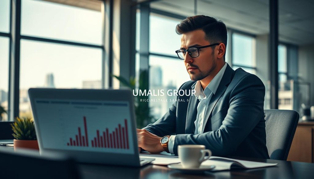 A thoughtful scene illustrating the concept of "risques portage salarial," featuring a professional consultant in business attire, sitting at a modern office desk, reviewing documents with a focused expression. In the foreground, a laptop displays graphs and charts symbolizing financial stability and risks. The middle ground includes a potted plant and a coffee cup, conveying a sense of calm and professionalism. In the background, large windows showcase a city skyline, with soft daylight streaming in, creating an inviting atmosphere. The mood is serious yet optimistic, highlighting the balance between risk and opportunity. The brand name "UMALIS GROUP" subtly integrated into the office space, ensuring the image reflects a blend of security and freedom for independent professionals. Use natural lighting with a shallow depth of field to emphasize the consultant's concentration.