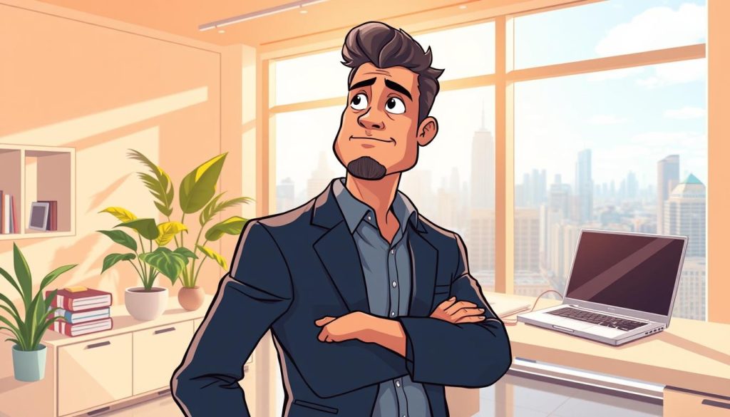 A thoughtful, visionary entrepreneur stands in a sunlit office, their face radiating confidence and determination. Behind them, a sleek, minimalist workspace with a laptop, books, and a potted plant symbolize their drive for efficiency and growth. The background features a large, floor-to-ceiling window overlooking a bustling city skyline, conveying the entrepreneur's ambition and vision for the future. Warm, directional lighting highlights the subject's features, creating a sense of focus and purpose. The overall tone is one of professionalism, innovation, and a relentless pursuit of success.