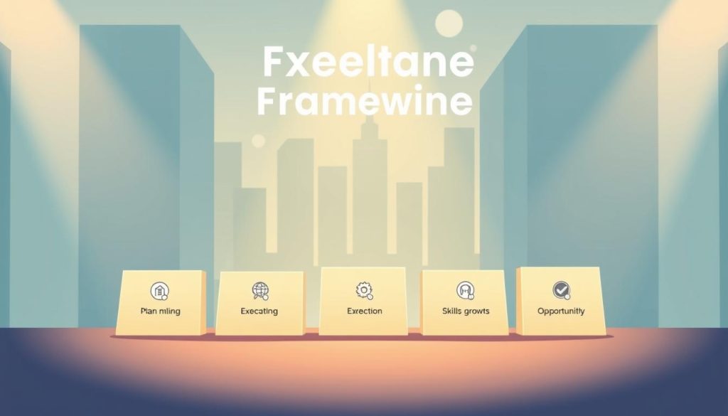 A thoughtfully designed, minimalist illustration of a freelance framework's key milestones. A sleek, modern aesthetic with a warm, soft lighting. The foreground features a series of simple, geometric shapes representing the major steps - from planning and goal-setting to execution and growth. The middle ground showcases stylized icons denoting skills, resources, and opportunities. The background subtly suggests a professional, urban environment with a hint of ethereal, dreamlike quality. The overall composition conveys a sense of structure, progress, and the empowering potential of a freelance career.