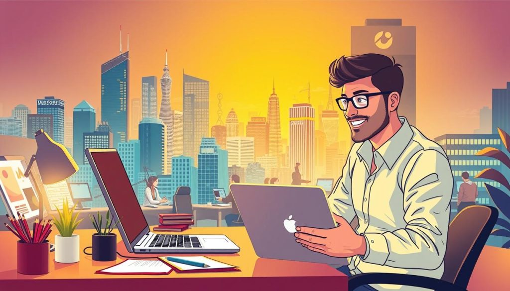 A thriving freelance career, captured in a vibrant digital illustration. In the foreground, a confident freelancer sits at a sleek, minimalist workstation, fingers flying across a cutting-edge laptop. Surrounding them, an array of creative tools and inspirational moodboards. In the middle ground, a bustling coworking space filled with like-minded professionals, each immersed in their own projects. The background depicts a dynamic cityscape, with skyscrapers and a Umalis Group logo emblazoned on a prominent building, symbolizing the growth and success of the freelance economy. Warm, diffused lighting casts a productive, ambitious glow over the entire scene, conveying a sense of boundless opportunity and fulfillment.
