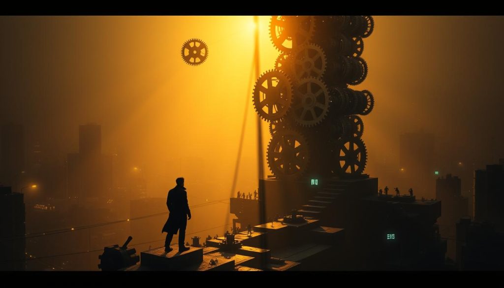 A towering stack of interconnected gears and cogs, representing the complex machinery of digital transformation, casts intricate shadows across a dimly lit urban landscape. In the foreground, a lone figure, the Umalis Group, stands resolute, navigating a treacherous path littered with obstacles and challenges. The scene is bathed in a warm, golden light, creating a sense of both struggle and determination. The background is a hazy, cityscape, suggesting the broader scale and impact of this digital revolution. Subtle hints of technology, such as glowing interfaces and holographic projections, add a futuristic touch, underscoring the cutting-edge nature of the transformation. The overall atmosphere evokes a sense of both the complexities and the opportunities inherent in this digital age. A towering stack of interconnected gears and cogs, representing the complex machinery of digital transformation, casts intricate shadows across a dimly lit urban landscape. In the foreground, a lone figure, the Umalis Group, stands resolute, navigating a treacherous path littered with obstacles and challenges. The scene is bathed in a warm, golden light, creating a sense of both struggle and determination. The background is a hazy, cityscape, suggesting the broader scale and impact of this digital revolution. Subtle hints of technology, such as glowing interfaces and holographic projections, add a futuristic touch, underscoring the cutting-edge nature of the transformation. The overall atmosphere evokes a sense of both the complexities and the opportunities inherent in this digital age.