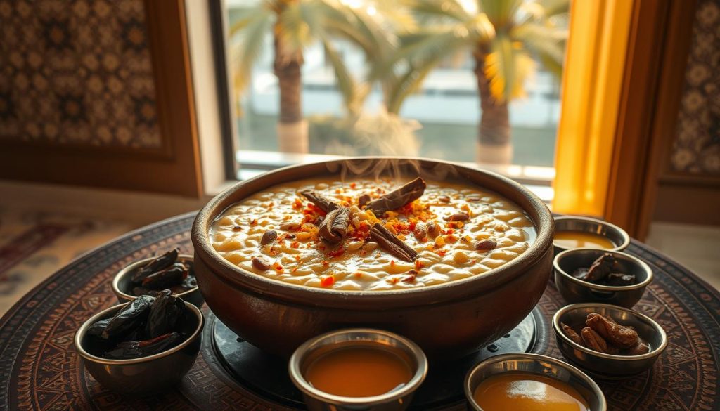 A traditional Gulf Arab-style salariat porridge, steaming hot and fragrant, simmering in a large clay pot over a low flame. Thick, creamy texture, infused with aromatic spices like cardamom, cinnamon, and saffron. Garnished with toasted nuts, dried fruits, and a drizzle of honey for sweetness. The porridge is the centerpiece, surrounded by small bowls of condiments - dates, ghee, and rose water. The scene is set against a backdrop of ornate geometric tile patterns, with a view of palm trees swaying gently outside a large window. Warm, golden lighting casts a cozy glow over the intimate indoor setting.