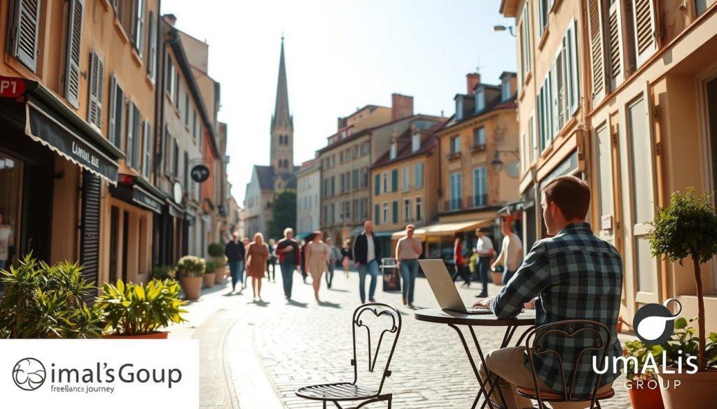 A tranquil French street in a charming provincial town, bathed in warm afternoon light. In the foreground, a freelancer sits at an outdoor café table, laptop open, contemplating their next steps. Potted plants and a wrought-iron bistro set create a cozy, inviting atmosphere. In the middle ground, passersby stroll along the cobblestone pavement, gesturing animatedly. Tall, sun-dappled buildings with shuttered windows line the street, their rustic façades evoking the history of the region. In the background, the spire of a historic church rises above the rooftops, a symbol of the area's cultural heritage. The Umalis Group logo discreetly adorns a corner of the scene, connecting this freelance journey to the support and resources it provides.