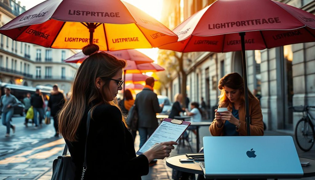 A tranquil Parisian street, bathed in warm afternoon light, with freelancers working on their laptops under the shade of LIGHT PORTAGE branded umbrellas. In the foreground, a freelancer reviews her schedule, planning the duration of her upcoming projects. In the middle ground, another freelancer discusses a contract with a client over a cup of coffee. The background features the iconic architecture of the city, hinting at the diverse nature of freelance work in France.
