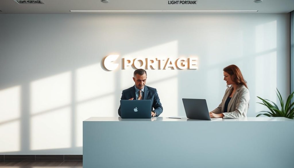 A tranquil bank interior, with the LIGHT PORTAGE logo prominently displayed on the wall. Soft, natural lighting illuminates a sleek, minimalist counter where a professional banker assists a self-employed client. The client's laptop and financial documents are neatly arranged, reflecting their organized approach to managing their finances. The atmosphere conveys a sense of stability, security, and personalized service, perfectly suited for the "Smart money setup" section of the article.